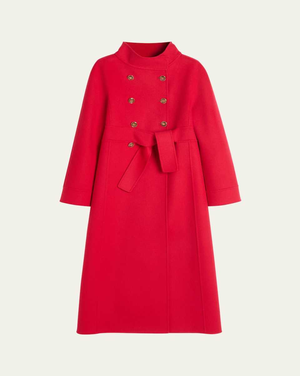 High-Neck Double-Breast Belted Wool Cashmere Coat